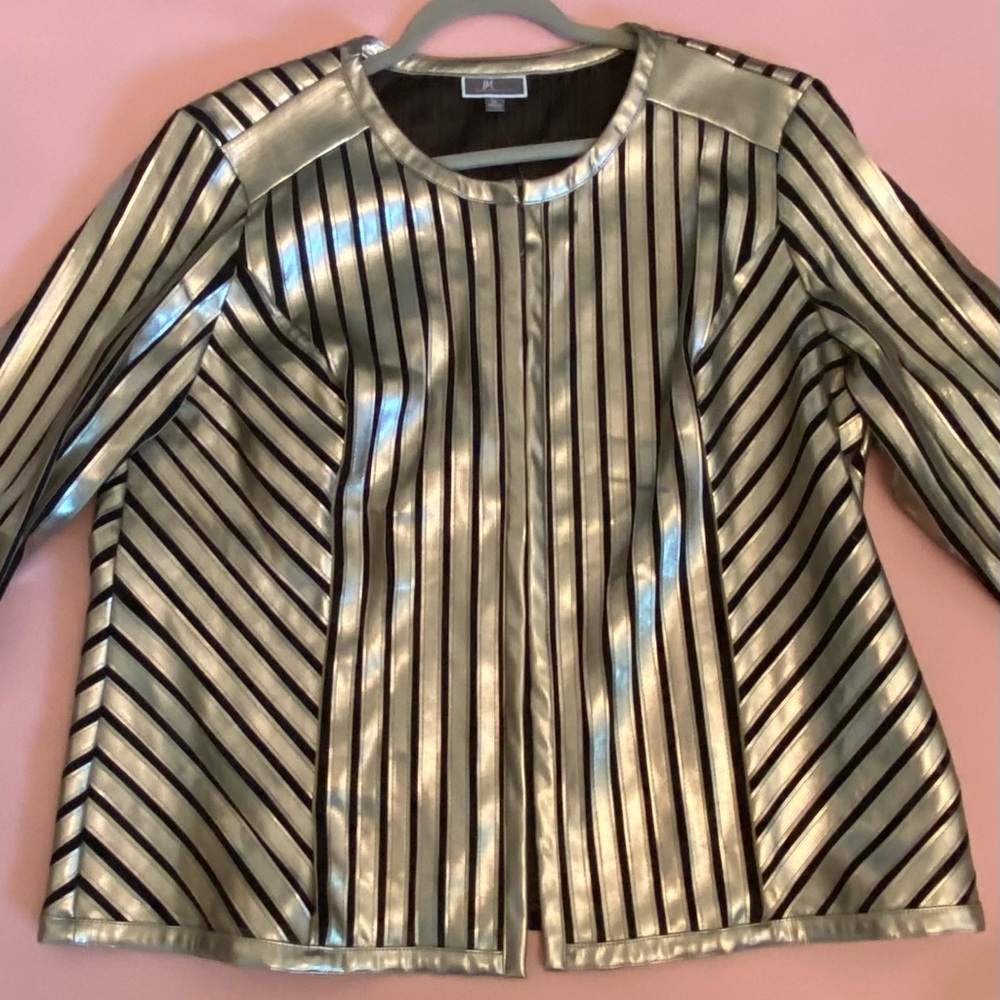 J M Collections black heavy net jacket with gold smooth gold pleather stripes